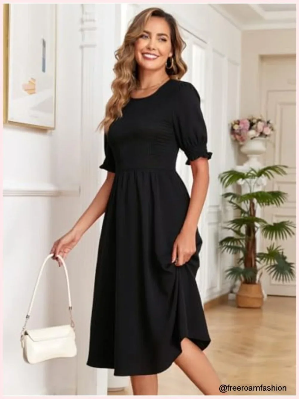 Women Casual Summer Midi Dress Crewneck Puff Sleeve A-Line with Pockets Smocked
